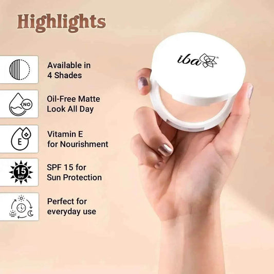 Iba Pure Skin Mattifying Compact – Medium Shell (9g) | Long Wear | Oil-Free Matte Finish with SPF 15 | Even Coverage | Natural, Halal & Vegan Makeup