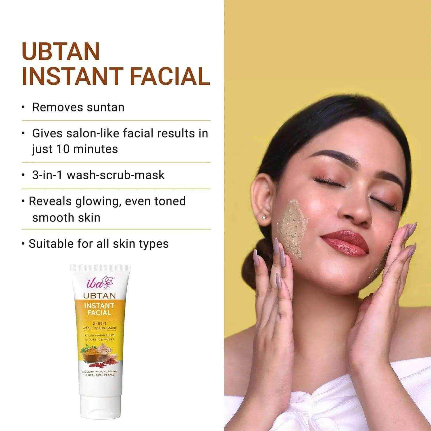 Iba Ubtan 3-in-1 Instant Facial – Wash, Scrub & Mask with Multani Mitti, Turmeric & Rose Petals (100g) | For All Skin Types | Brightens & Detoxifies