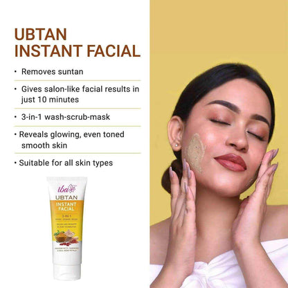 Iba Ubtan 3-in-1 Instant Facial – Wash, Scrub & Mask with Multani Mitti, Turmeric & Rose Petals (100g) | For All Skin Types | Brightens & Detoxifies