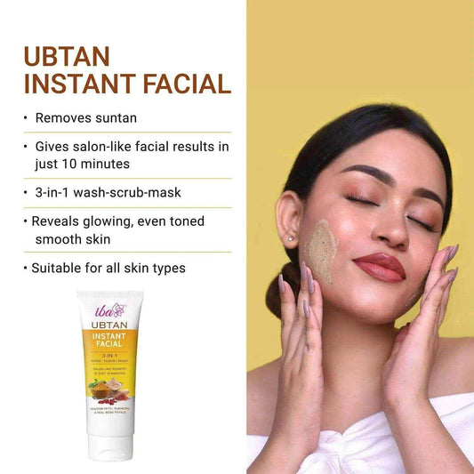 Iba Ubtan 3-in-1 Instant Facial – Wash, Scrub & Mask with Multani Mitti, Turmeric & Rose Petals (100g) | For All Skin Types | Brightens & Detoxifies