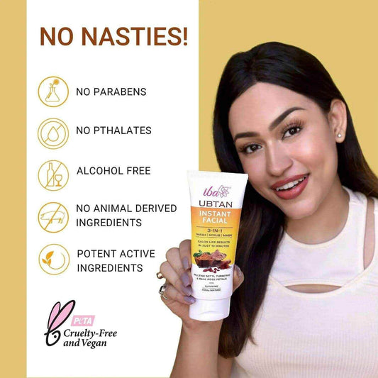 Iba Ubtan 3-in-1 Instant Facial – Wash, Scrub & Mask with Multani Mitti, Turmeric & Rose Petals (100g) | For All Skin Types | Brightens & Detoxifies