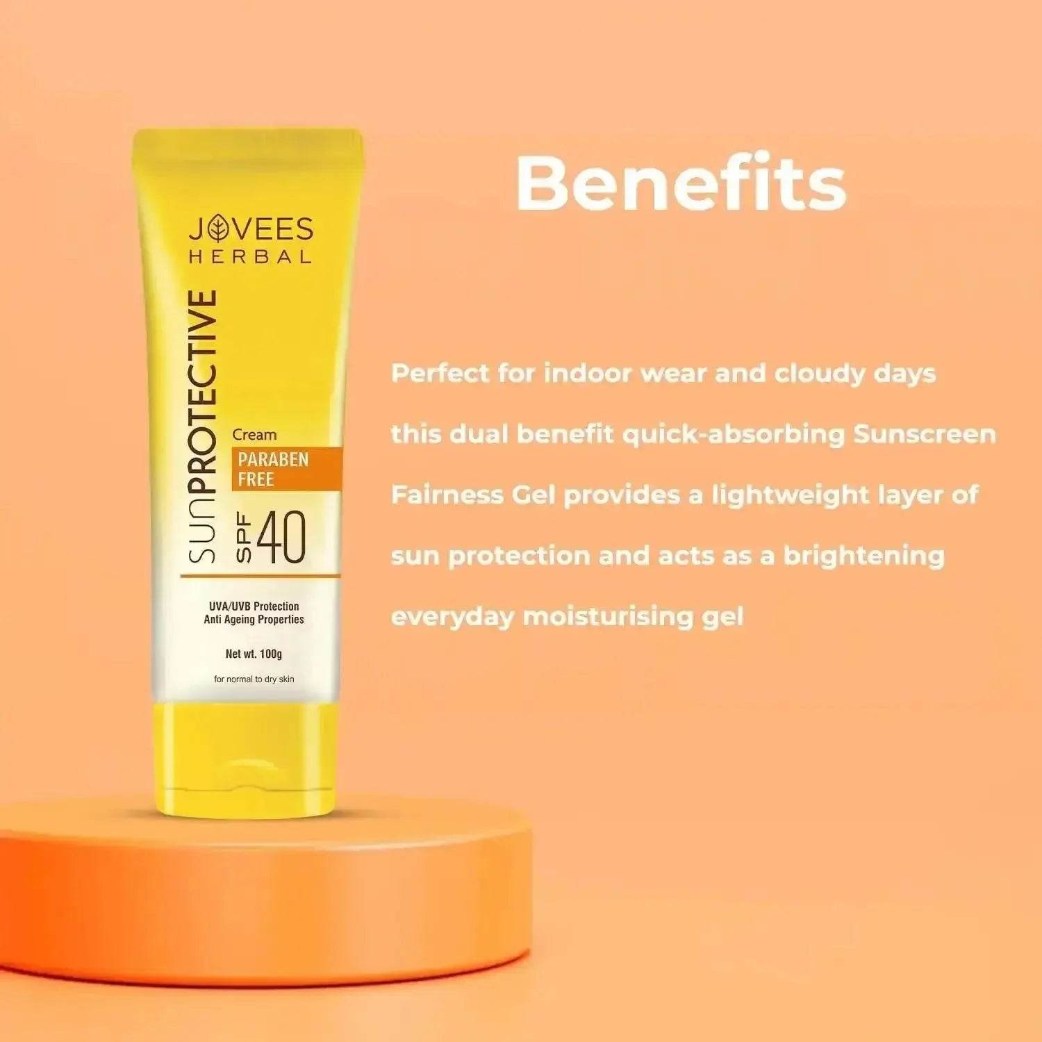 Jovees Herbal Sun Protective Sunscreen SPF 40 | Oil-Free & Quick Absorbing | UVA/UVB Protection | Normal to Dry Skin | 50g