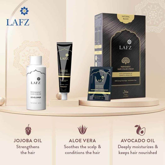 Lafz Halal Permanent Hair Color – No Ammonia, Coffee & Argan Oil Infused | 100% Gray Coverage, Long-Lasting Natural Black | Smooth & Shiny Finish | Halal Certified Hair Dye for Men & Women, 130ml