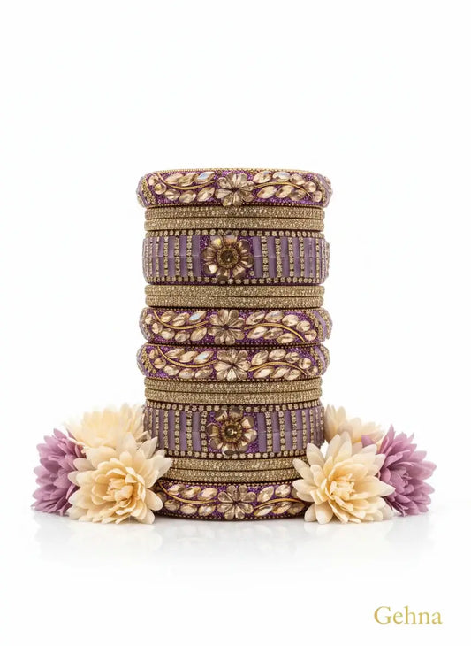 Lavender Bridal Kundan Floral Bangles Set – Gehna displayed with floral accents.