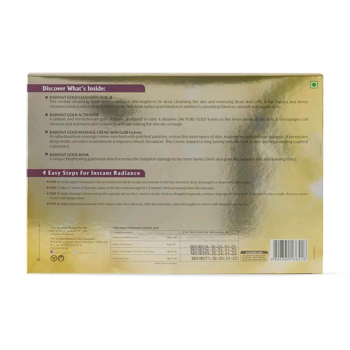 lotus herbals radiant gold cellular glow facial kit with 24k gold leaves – for glowing skin, all skin types, 37g