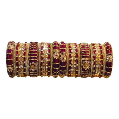 Maroon Bangles Set – 26 Pcs with Intricate Gold & Stone Work - Gehnasale