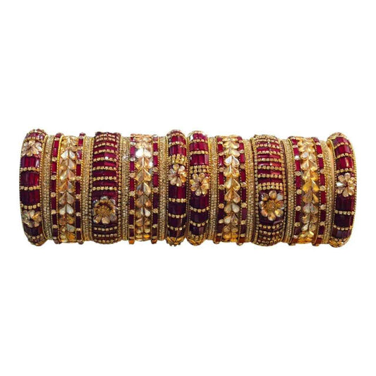 Maroon Bangles Set – 26 Pcs with Intricate Gold & Stone Work - Gehnasale