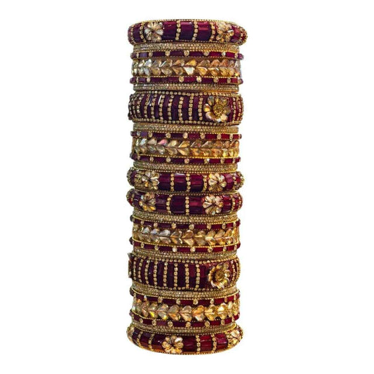 Maroon Bangles Set – 26 Pcs with Intricate Gold & Stone Work - Gehnasale