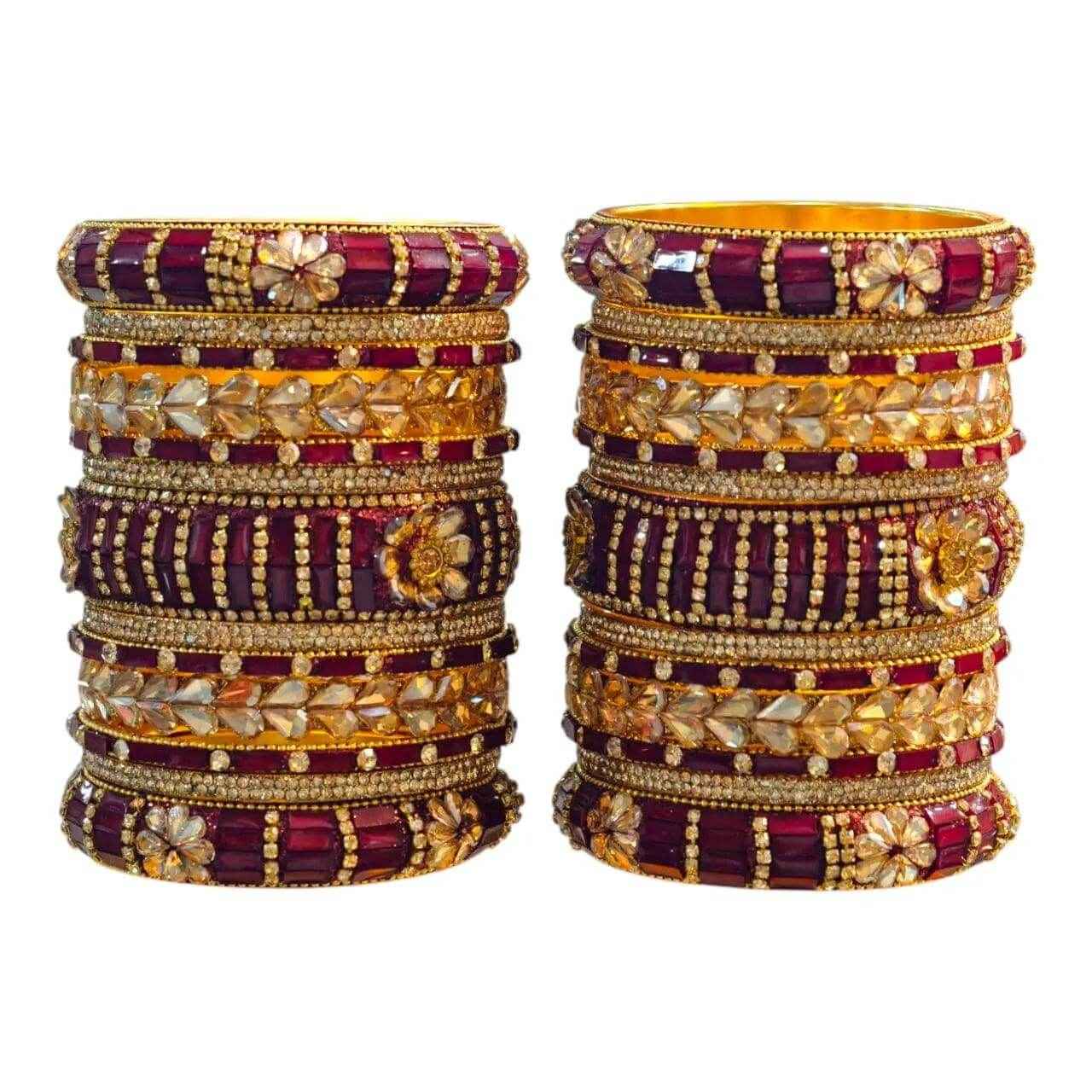 maroon bangles set – 26 pcs with intricate gold & stone work - gehnasale