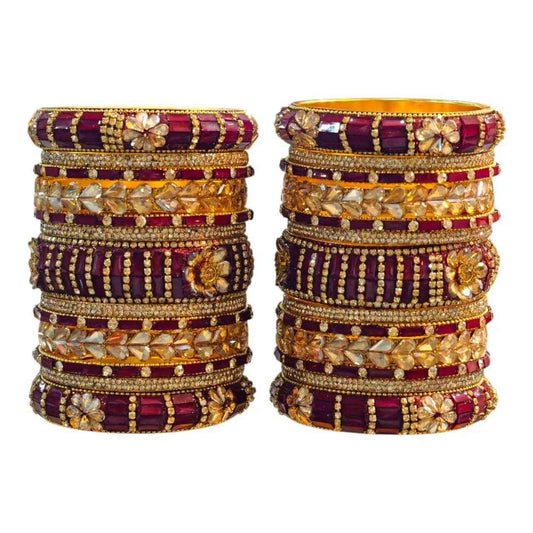 Maroon Bangles Set – 26 Pcs with Intricate Gold & Stone Work - Gehnasale