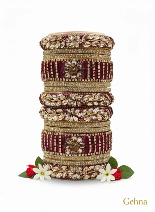 Maroon Golden Floral Stone Bangles Set – Bridal & Traditional Party Jewelry stacked with floral motifs and stones.
