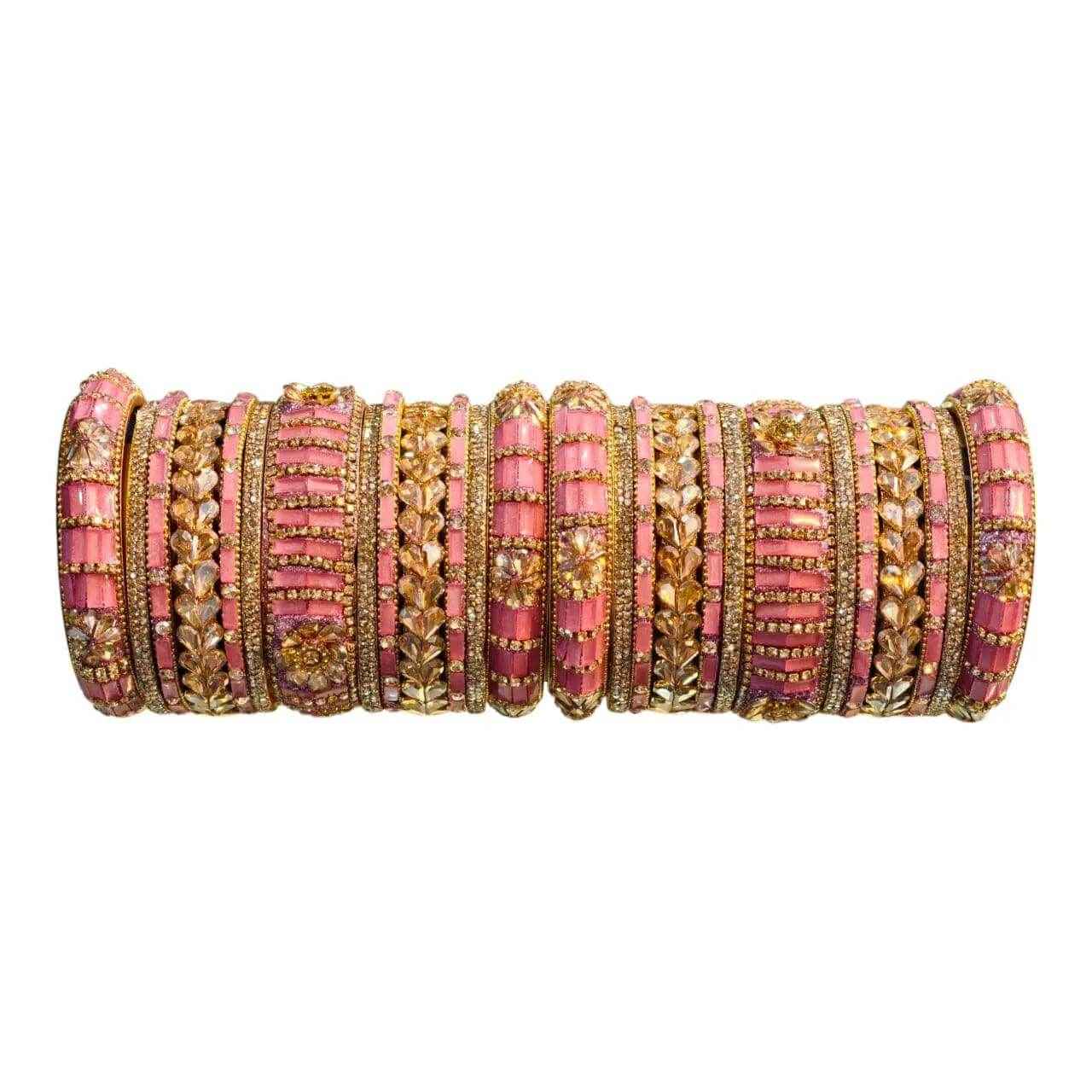pink bangles set – 26 pcs with intricate gold & stone work - gehnasale