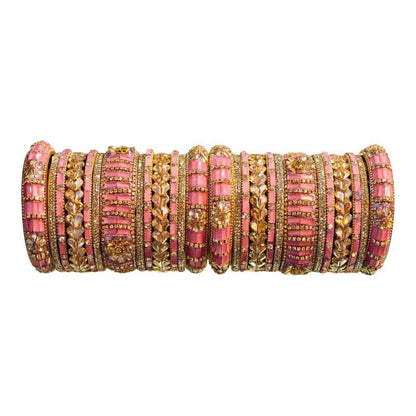 Pink Bangles Set – 26 Pcs with Intricate Gold & Stone Work - Gehnasale