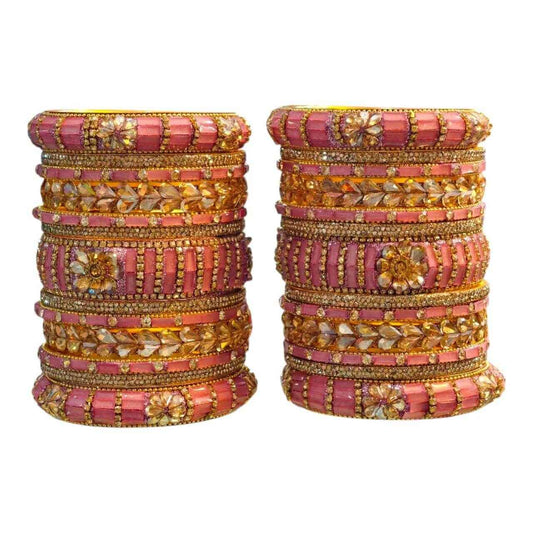 Pink Bangles Set – 26 Pcs with Intricate Gold & Stone Work - Gehnasale
