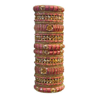 Pink Bangles Set – 26 Pcs with Intricate Gold & Stone Work - Gehnasale