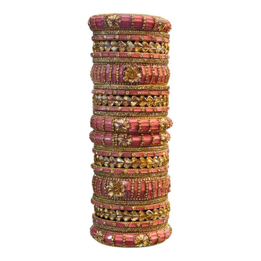 Pink Bangles Set – 26 Pcs with Intricate Gold & Stone Work - Gehnasale