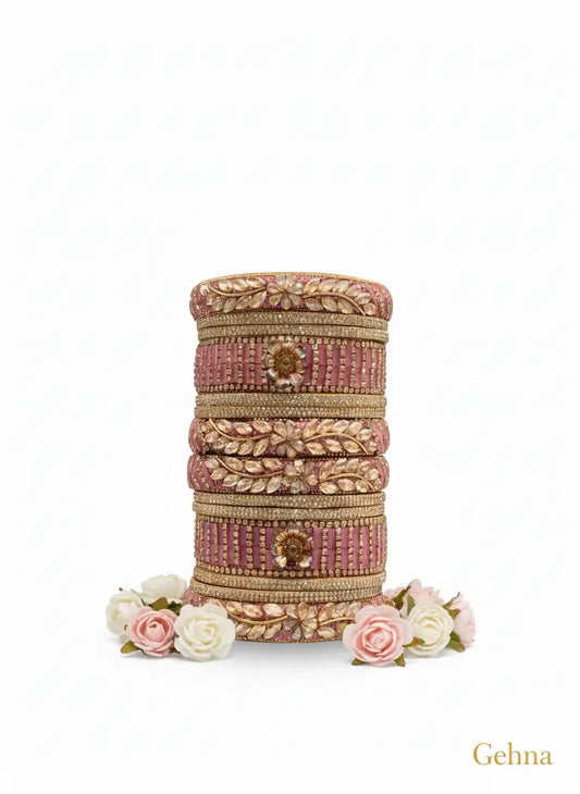 Pink Bridal Kundan Floral Bangles Set – Gehna featuring intricate kundan stones and floral patterns.