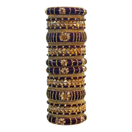 Purple Bangles Set – 26 Pcs with Intricate Gold & Stone Work - Gehnasale