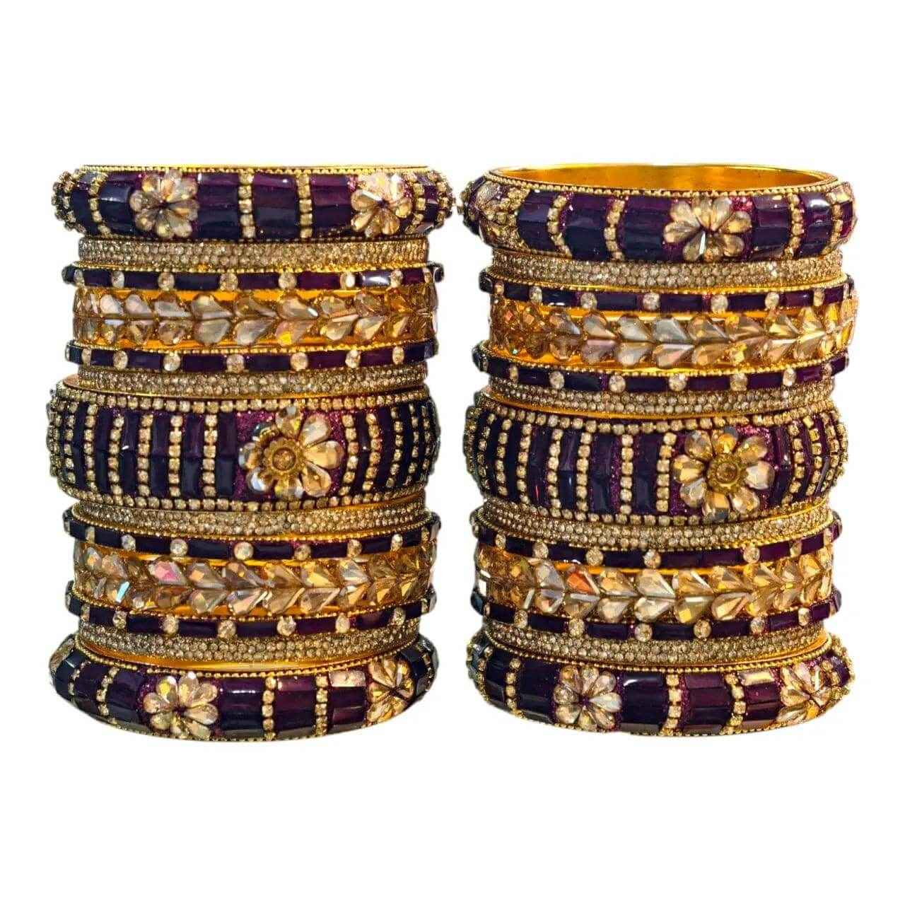 purple bangles set – 26 pcs with intricate gold & stone work - gehnasale