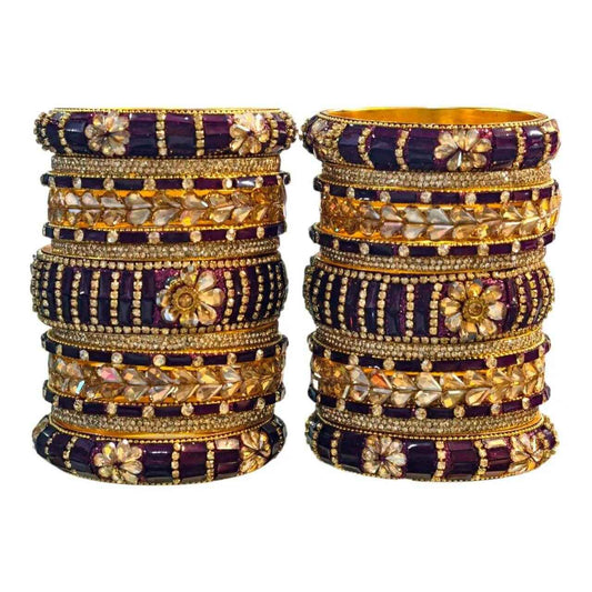 Purple Bangles Set – 26 Pcs with Intricate Gold & Stone Work - Gehnasale