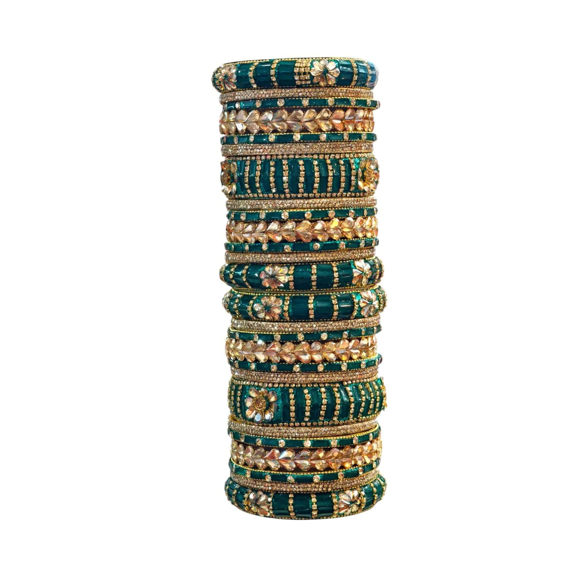 Rama Green Bangles Set – 26 Pcs with Intricate Gold & Stone Work - Gehnasale
