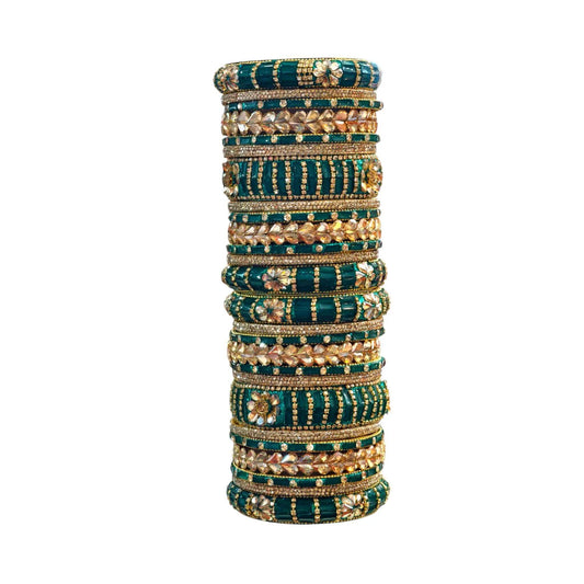 Rama Green Bangles Set – 26 Pcs with Intricate Gold & Stone Work - Gehnasale