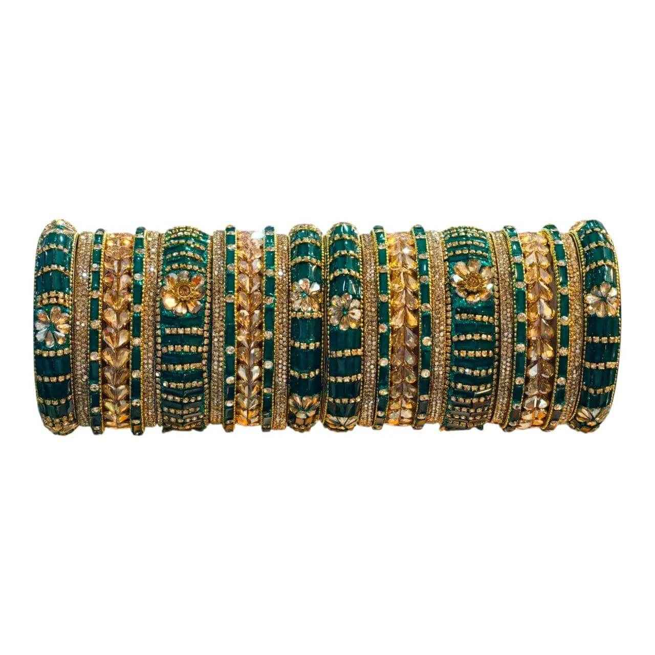 Rama Green Bangles Set – 26 Pcs with Intricate Gold & Stone Work - Gehnasale