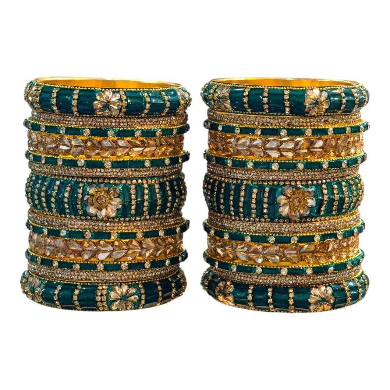 Rama Green Bangles Set – 26 Pcs with Intricate Gold & Stone Work - Gehnasale