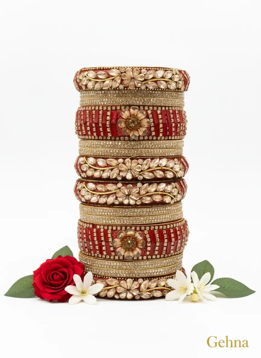 Red Bridal Kundan Floral Bangles Set – Gehna featuring floral motifs and kundan stones, ideal for weddings and celebrations.