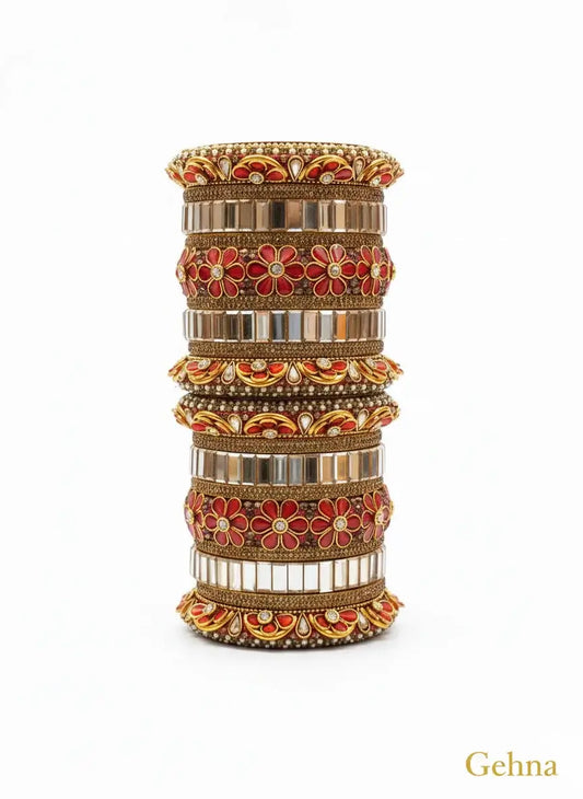 Red & Gold Bridal Floral Bangles – Premium Ethnic Jewellery Set showcasing intricate floral designs and sparkling stones.