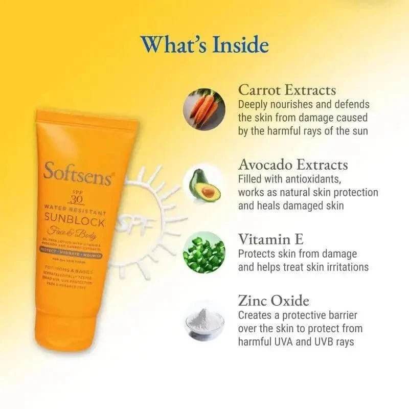softsens sunblock spf 30 lotion | vitamin e, avocado & carrot extracts | for babies & parents | 50g