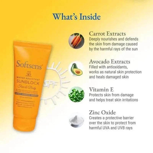 Softsens Sunblock SPF 30 Lotion | Vitamin E, Avocado & Carrot Extracts | For Babies & Parents | 50g