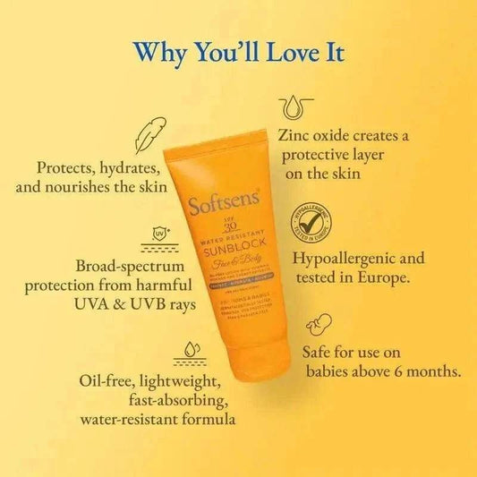 Softsens Sunblock SPF 30 Lotion | Vitamin E, Avocado & Carrot Extracts | For Babies & Parents | 50g