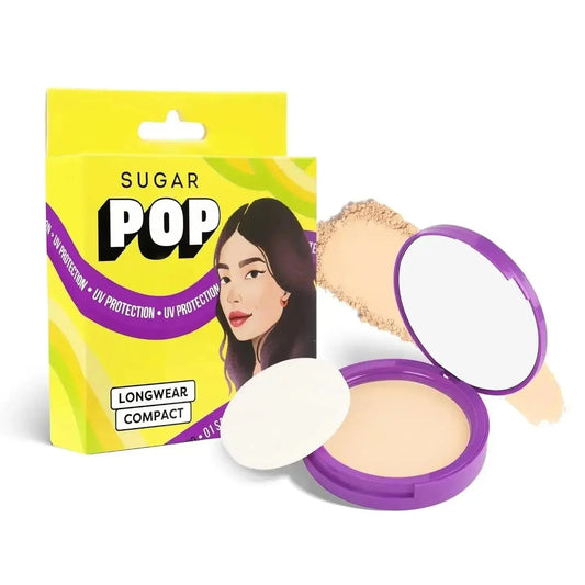 SUGAR POP Longwear Matte Compact - 01 Sand | Fair to Medium Skin | Castor Oil & Vitamin E | UV Protection | Pore Minimizing | 9 gm - Gehnasale