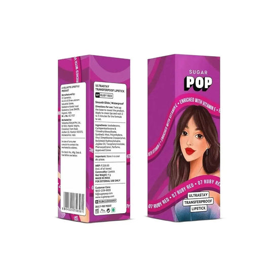 SUGAR POP Ultrastay Transferpoof Lipstick - 07 Ruby Red, 4gm | Vitamin E, Smooth Glide, Waterproof, Longlasting