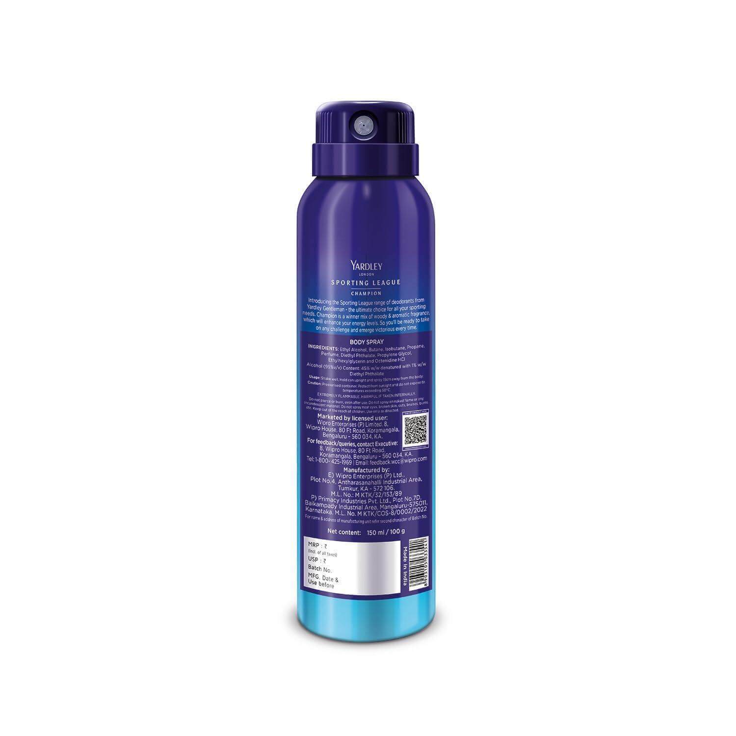 Yardley Male Gentleman Sporting League Body Spray - Champion, 150ml, Citrus