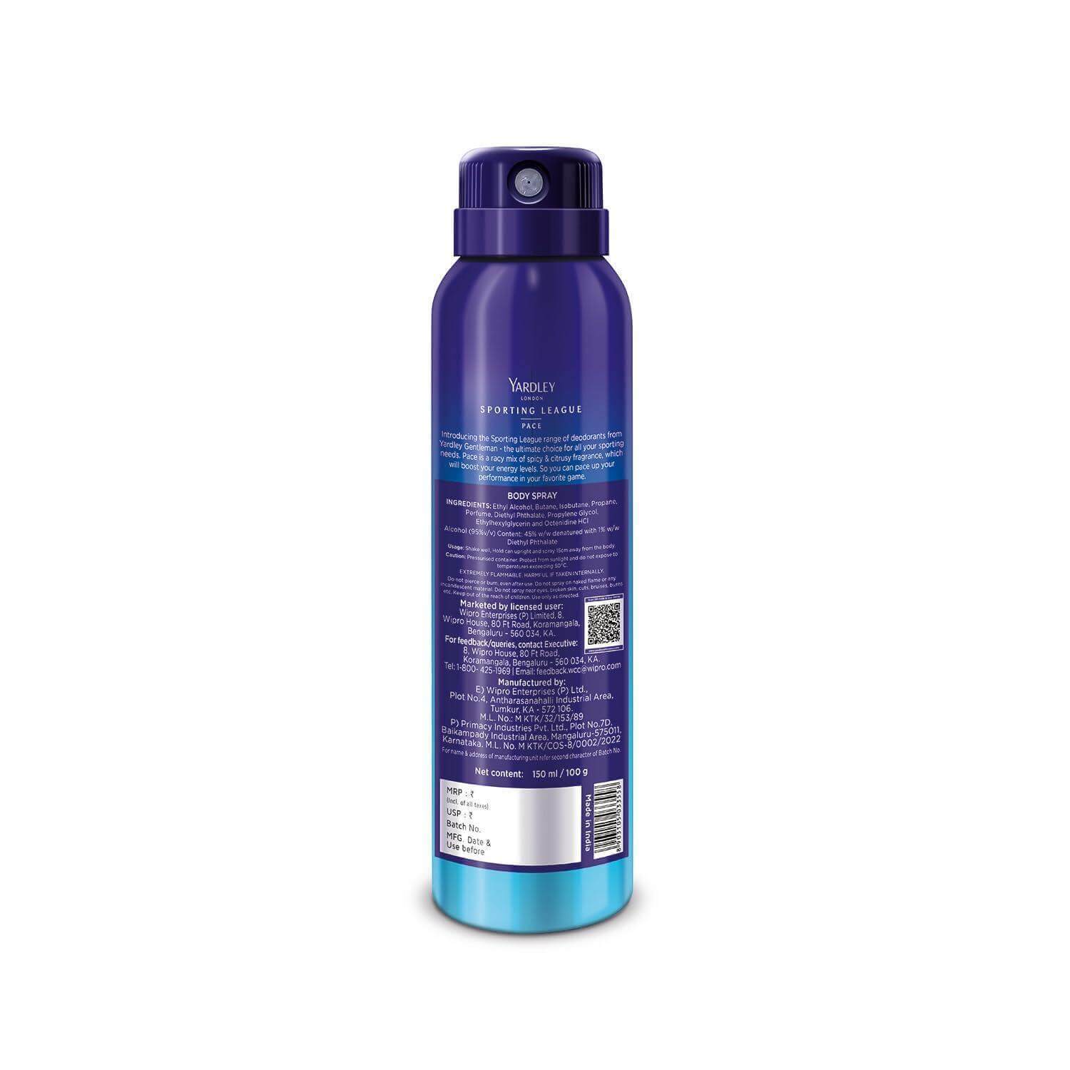 Yardley Sporting League Body Spray - Pace, 150ml, Lemon Fragrance