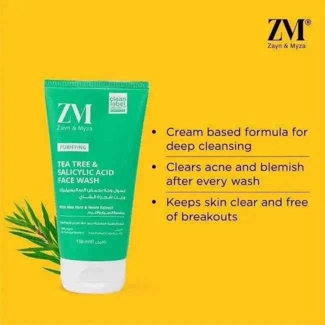 zm zayn & myza face wash – tea tree & salicylic acid, 75ml | anti-acne, oil control formula | no parabens or sulfates | suitable for all skin types