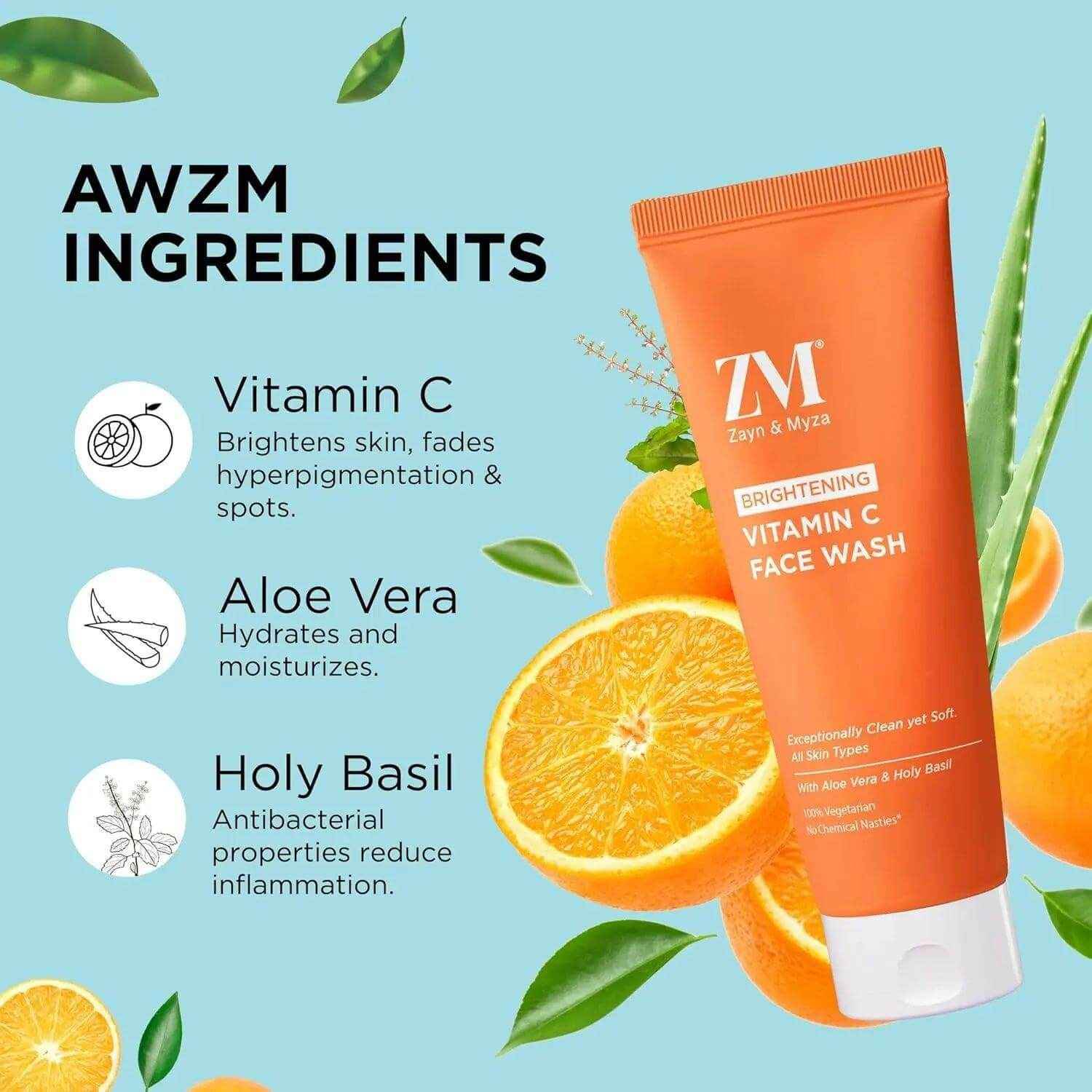 ZM Zayn & Myza Vitamin C Face Wash – 75ml | With Aloe Vera & Holy Basil | Brightens Skin, Removes Impurities | No Parabens, Sulfates | For All Skin Types